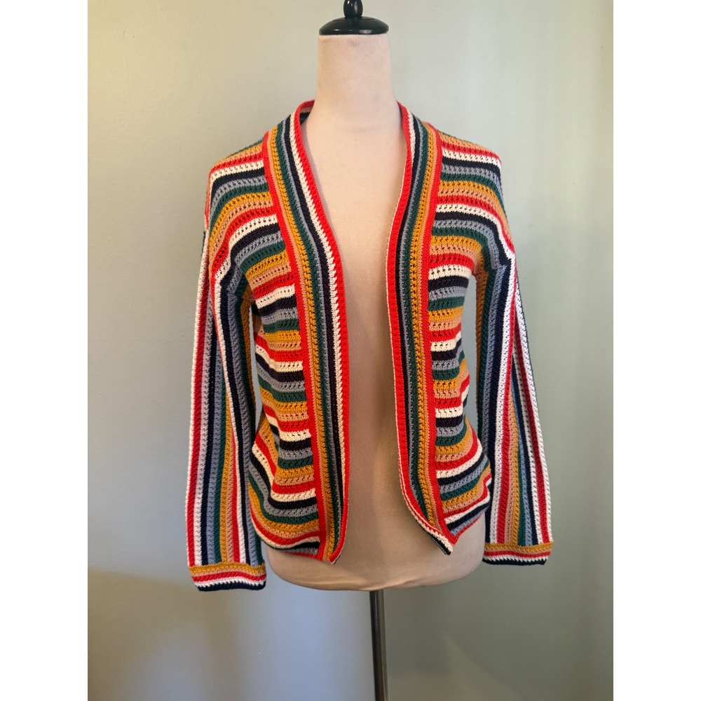Hanna Andersson Multi boho Striped Crochet Knit Cotton Cardigan whimsi Sweater L